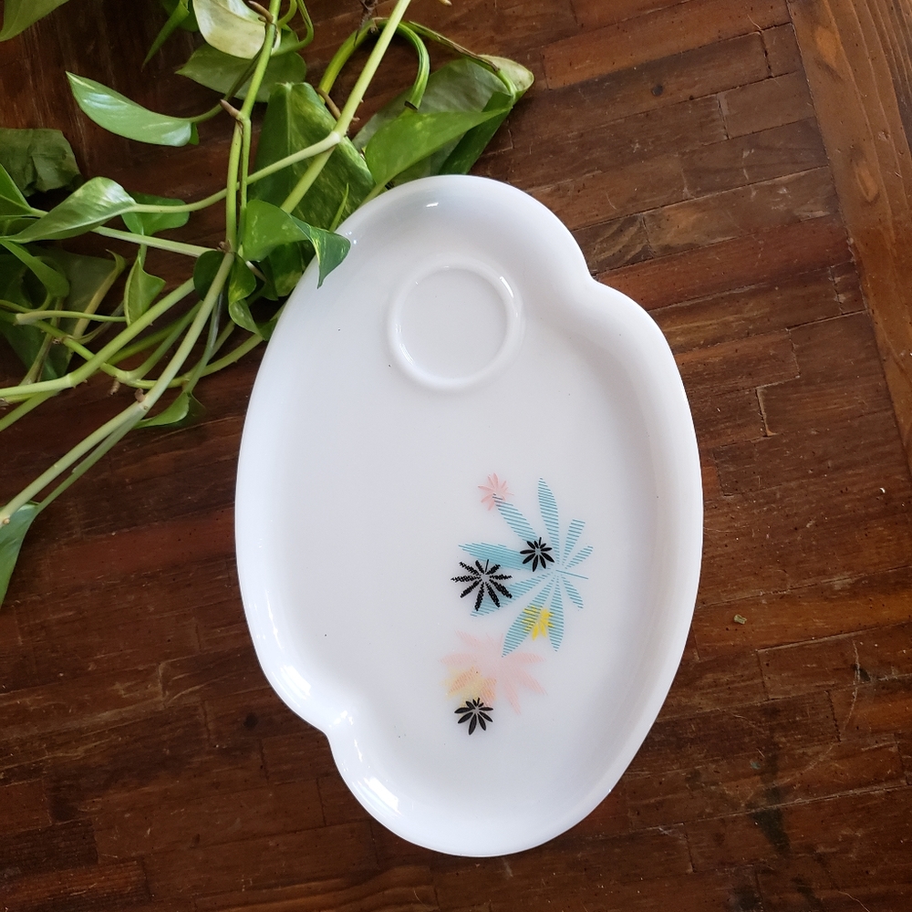 3- $10 each Vintage Federal Milk glass patio snack plate- Atomic Flower design